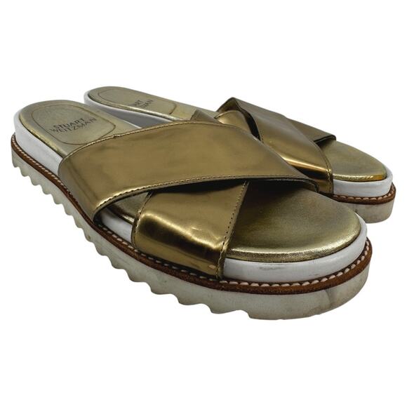 Stuart Weitzman Roza Crisscross Slides Sandals Slip On Leather Metallic Gold 7.5 - Picture 2 of 7